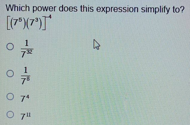 Which power does this expression simplify to? [7573]-4 frac 1732 frac 178 74 711
